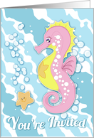 Seahorse and Starfish Birthday Party Invite Card with Pink Seahorse card