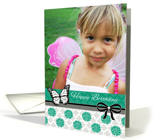 Happy Birthday, Butterfly, Custom Photo Card, Emerald and Gray card