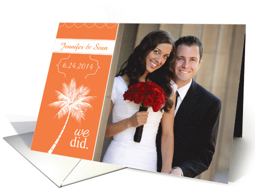Just Married Announcement Orange with Palm Tree Custom Photo card