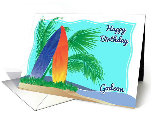 Surfboards and Beach Scene Godson Birthday card (1211032)
