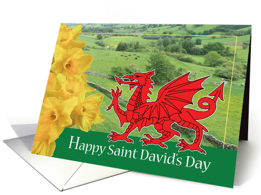 Happy Saint David's Day with Daffodil and Welsh Flag Scene card