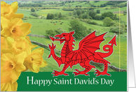 Happy Saint David’s Day- Daffodil and Welsh Flag/Scene card