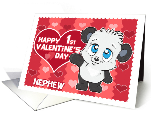 Happy 1st Valentines Day to Nephew Cute Panda and Hearts card