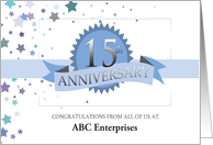 15th Business Employee Anniversary Custom Text Ribbon Award Stars card