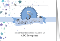 5th Business Employee Anniversary Custom Text Ribbon Award Stars card