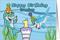 Happy 1st Birthday to Grandson with Playful Cute Sharks and Cake card
