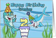 Happy 2nd Birthday to Grandson with Cute Sharks Birthday Cake Party card