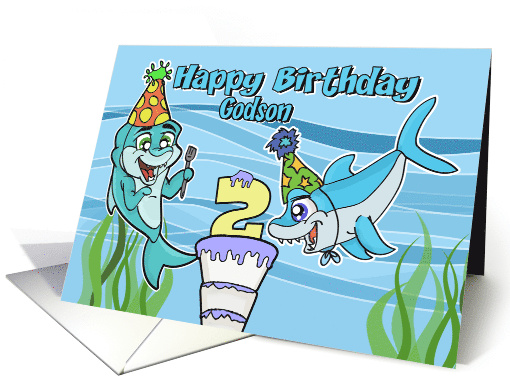 Happy 2nd Birthday to Godson with Cute Sharks Birthday Cake Party card