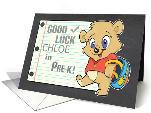Good Luck in Pre-K Customize Name Cute Bear with backback card