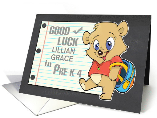 Good Luck in Pre-K 4 Customize Name Cute Bear with Backpack card