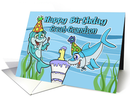 Happy 1st Birthday Great Grandson Playful Cute Sharks card (1578064)