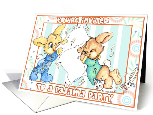 Pajama Party Invite with drawing of Bunny Pillow fight card (431893)