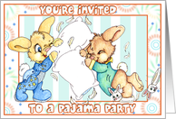 Pajama Party Invite with drawing of Bunny Pillow fight card