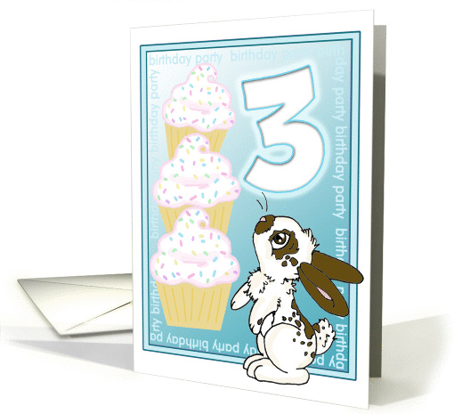 3rd Birthday Party Invite-Cupcakes-Blue card (464444)