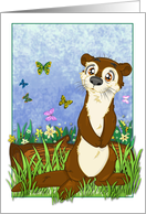 Illustration of an otter with butterflies card