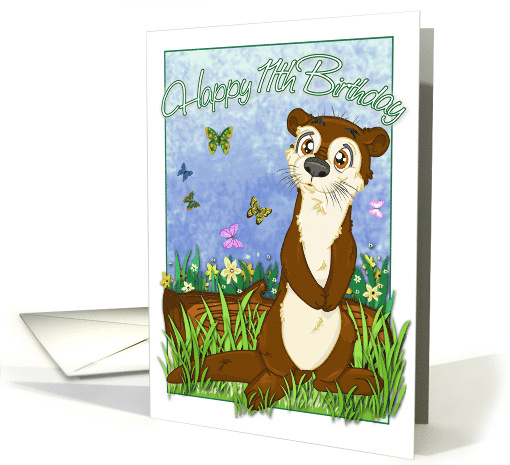 Happy 11th Birthday with Otter and Butterflies Illustration card