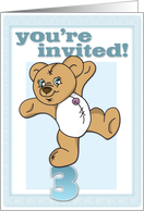 3rd Birthday Party Invitation with Button Bear Cartoon and Blue colors card