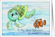 Great Grandson Birthday with Sea Turtle and Clown Fish Friends card