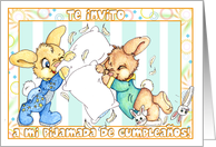 Te Invito a Mi Pijamada De Cumpleanos! Invite with Bunny Pillow Fight card