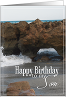 Happy Birthday to my Son with Beach Rocks and Wave Photo card