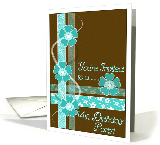 14th Birthday Party Invitation, Blue and Turquoise Flowers... (838623)