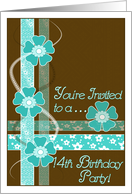 14th Birthday Party Invitation, Blue and Turquoise Flowers and Swirls card