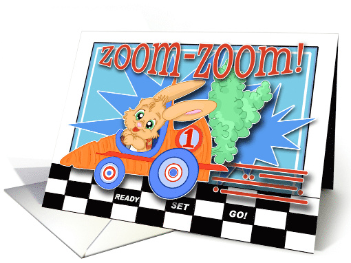 Racecar Birthday Party Invite with a Bunny Carrot Racecar card