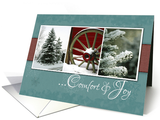 Comfort and Joy Christmas Card with Snow and Trees Photos card