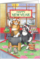 Japanese American Happy New Year Cats(Bud & Tony) card