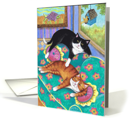 Bud and Tony Cats Sofa Lounging Retirement Congratulations card