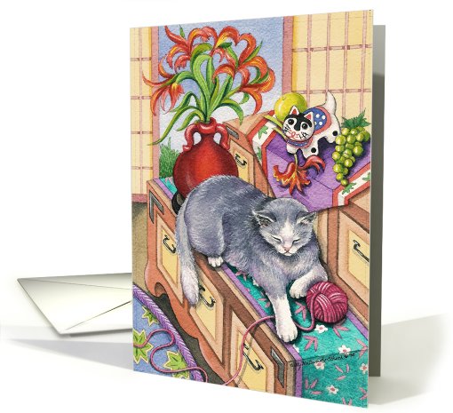 Asian Grey Cat W/Yarn Thank You EK #1 card (370261)
