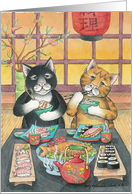 Cats Eating Sushi Birthday (Bud & Tony) card