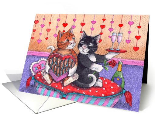 Cats On Valentine's Day W/champagne & chocolates (Bud & Tony) card