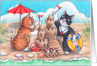 Cats On Beach Birthday W/Sandcastle (Bud & Tony) card