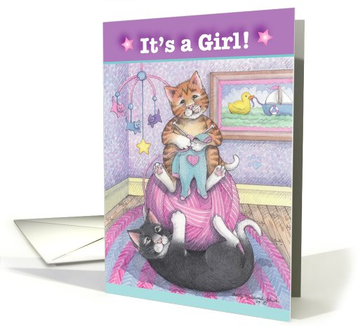 It's A Girl Knitting Cats Announcement (Bud & Tony) card (779519)