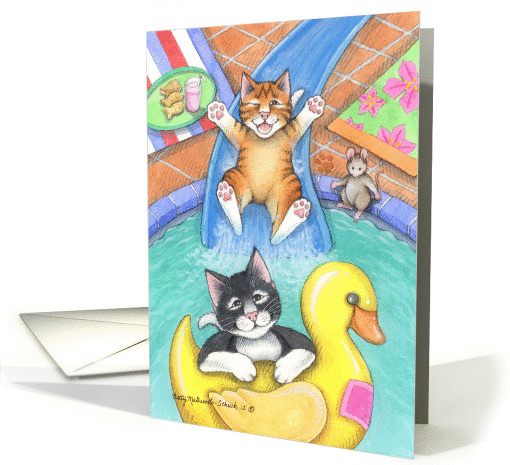 Swimming Pool Slide Birthday Cats(Bud & Tony) card (936003)