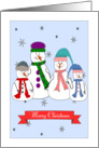Merry Christmas, Snowman Family, Whimsical Primitive Art Illustration card