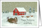 Happy Thanksgiving Son and Family Snowy Barnyard Turkey Farm Painting card