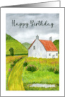 Happy Birthday Country Cottage Mountains Watercolor Landscape Painting card