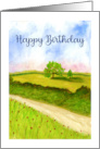 Happy Birthday Country Road Pasture Tree Watercolor Landscape Painting card