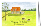 Happy Birthday Son Farmhouse Sheep Watercolor Landscape Art Painting card