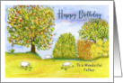 Happy Birthday Father Autumn Meadow Sheep Trees Landscape Painting card