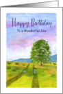 Happy Birthday Son Clouds Sky Sunrise Tree Field Landscape Painting card