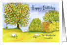 Happy Birthday Daughter Autumn Meadow Sheep Trees Landscape Painting card