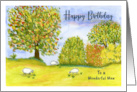 Happy Birthday For Him Autumn Meadow Sheep Tree Landscape Painting card
