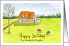Happy Birthday Neighbor Farmhouse Farm Sheep Grazing Trees Painting card