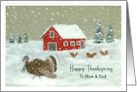 Happy Thanksgiving Mom & Dad Snowy Barnyard Turkey Farm Animals Barn card