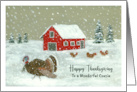Happy Thanksgiving Cousin Snowy Barnyard Turkey Farm Animals Red Barn card