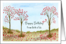 Happy Birthday Couple Autumn Red Trees Leaves Birds Sky Illustration card