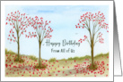 Happy Birthday Group Autumn Red Trees Leaves Birds Sky Illustration card